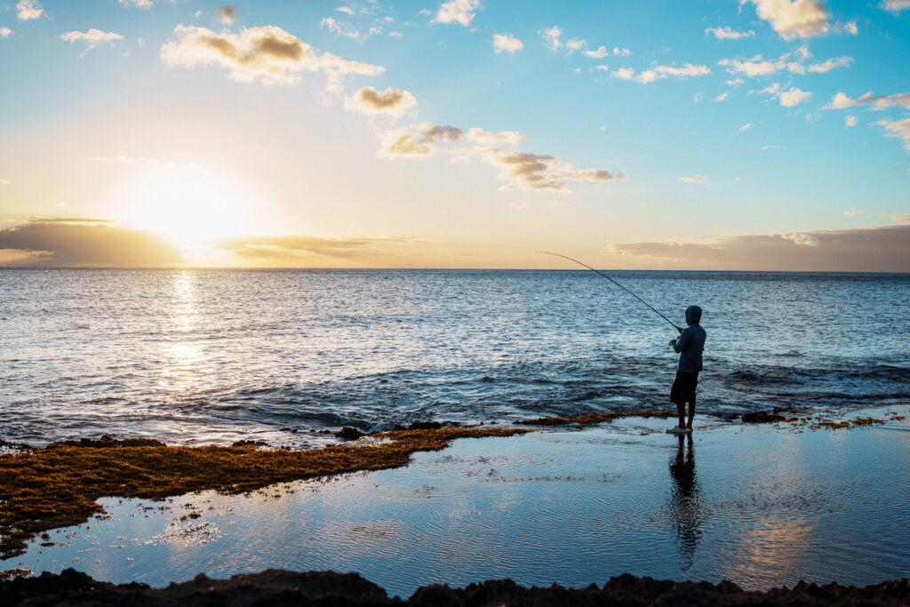 An unrecognizable man stands in the shallow waters of the ocean, holding a fishing pole as he enjoys a sunset on the beaches of the Pacific Rim.