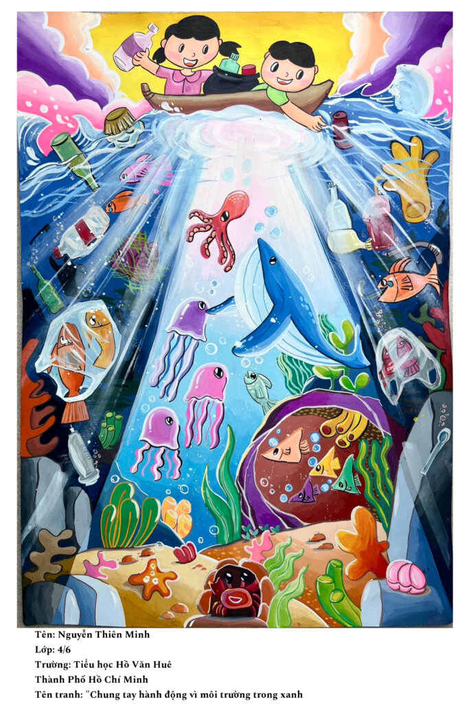 A painting featuring two kids on a canoe floating above the ocean floor, with octopuses, jellyfish, starfish, fish and a variety of plastic trash. Light is beaming out from the boat as the children collect trash and create a beautiful marine environment, while plastic trash including spoons, bags and bottles clog the ocean in the shadows. 
