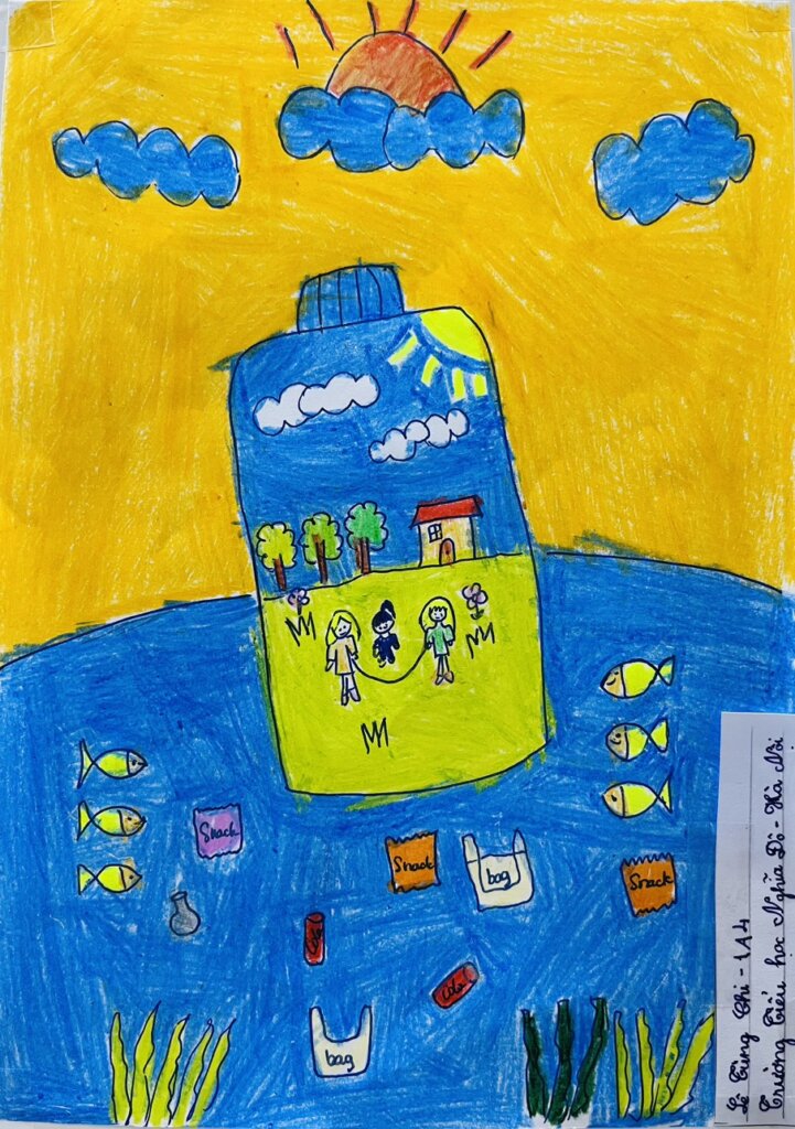 A drawing of a bottle contains a small bright and happy scene with a sun, clouds, trees and three kids playing jump rope. The bottle is resting in the ocean and surrounded by other plastic trash including sachets and plastic bags, as well as fish. The top of the painting, behind the ocean is a bright yellow sky with an orange sun. 
